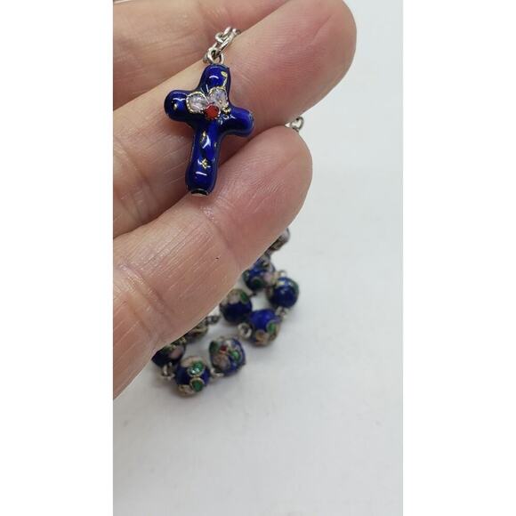 Cloisonne Flower Bead Bracelet With Rosary Cross Charm On Silver Chain - Picture 9 of 10